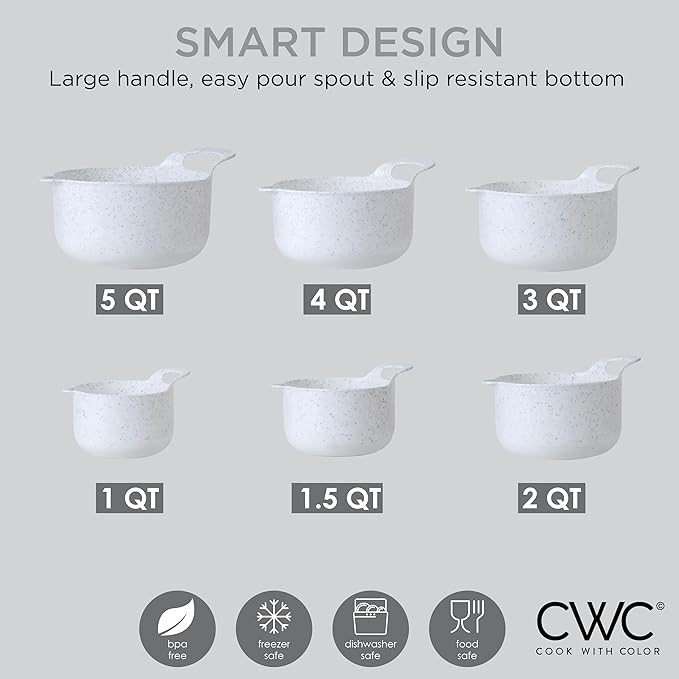 COOK WITH COLOR Nesting Plastic Mixing Bowl Set with Pour Spouts and Handles, Speckled White, 6 Piece Non-Slip - Image 4