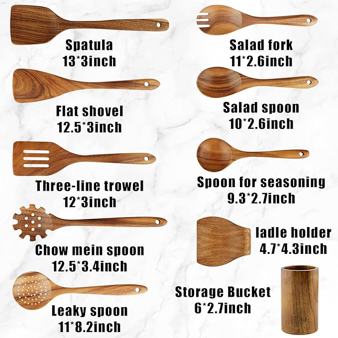 FJNATINH Wooden Spoons for Cooking, 10 Pcs Teak Wooden Cooking Utensil Set with Holder, Wooden Kitchen Utensils Set for Nonstick Pans & Cookware - Image 2
