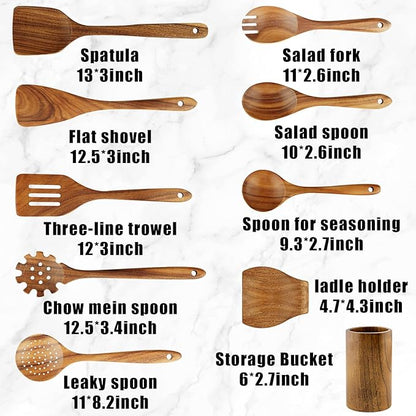FJNATINH Wooden Spoons for Cooking, 10 Pcs Teak Wooden Cooking Utensil Set with Holder, Wooden Kitchen Utensils Set for Nonstick Pans & Cookware - Image 2