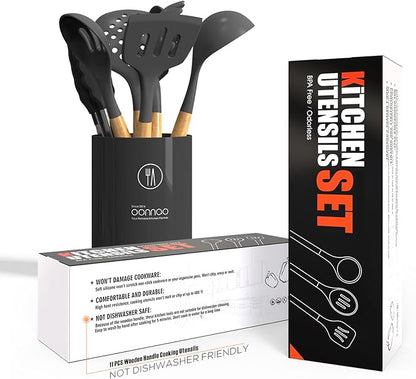 oannao Silicone Cooking Utensils Kitchen Utensil Set - 446°F Heat Resistant Silicone Kitchen Utensils Set, Spatula,Turner Tongs, Spoon, Whisk,Kitchen Gadgets for Nonstick Cookware, BPA Free (Gray) - Image 5