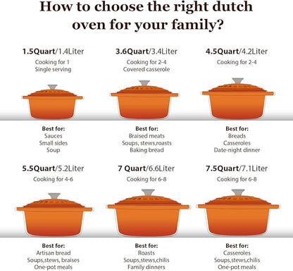 Overmont Enameled Cast Iron Dutch Oven - 7QT Pot with Lid Cookbook & Cotton Potholders - Heavy-Duty Cookware for Braising, Stews, Roasting, Sourdough Baking orange - Image 6