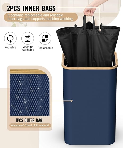 Recycling Bins for Kitchen, 26 Gallon (100L) Recycle Bin with Bamboo lid, Indoor Oxford Fabric Recycling Trash Can with 2pcs Removeable and Reusable Inner Bags for Bottle Can Glass Plastice, Blue - Image 6