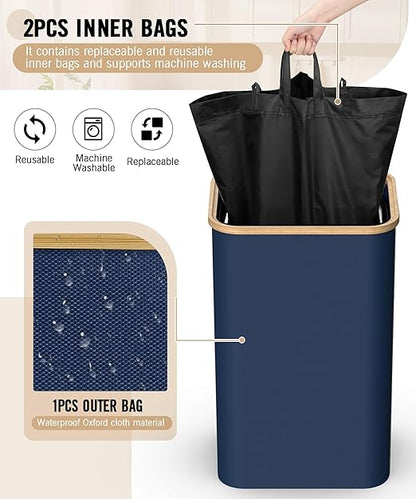 Recycling Bins for Kitchen, 26 Gallon (100L) Recycle Bin with Bamboo lid, Indoor Oxford Fabric Recycling Trash Can with 2pcs Removeable and Reusable Inner Bags for Bottle Can Glass Plastice, Blue - Image 6