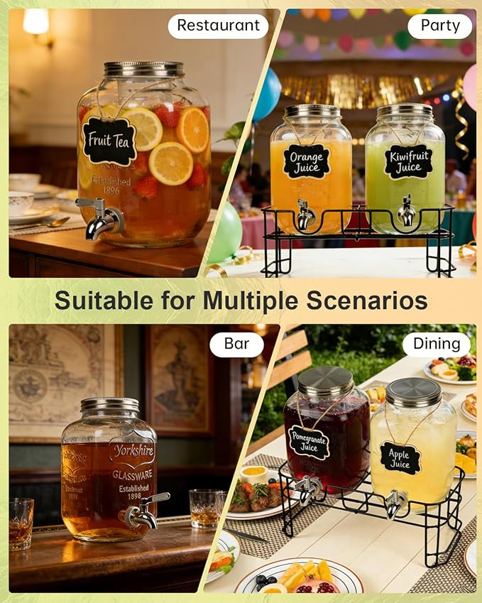1 Gallon Drink Dispenser 2 Pack with Stand - Glass Beverage Dispenser for Parties, Juice, Water - Includes Spigot and Filter Separation and Chalkboard Labels