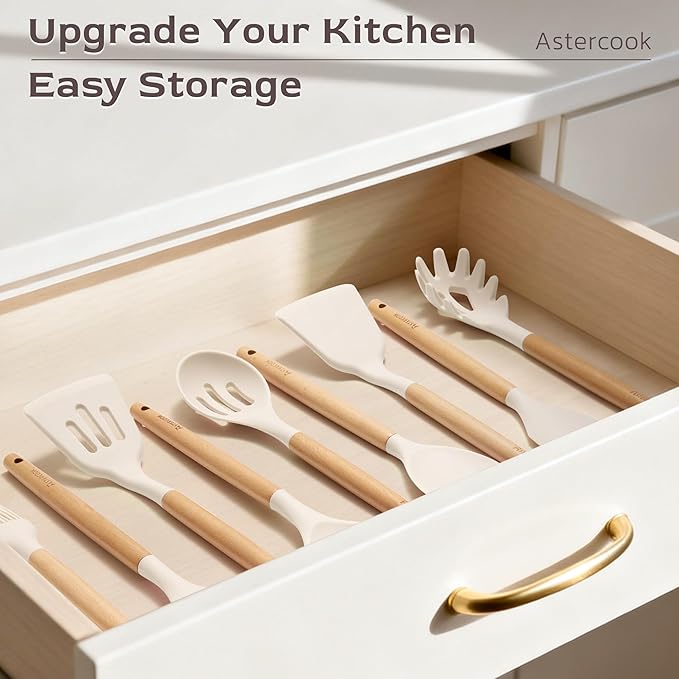 Astercook Kitchen Utensils set, 39 PCS Silicone Cooking Utensils Set with Wooden Handle, 446°F Heat Resistant Food Grade Utensil Sets, BPA Free Kitchen Gadgets Tools Set for Mothers Day Gifts - Image 9