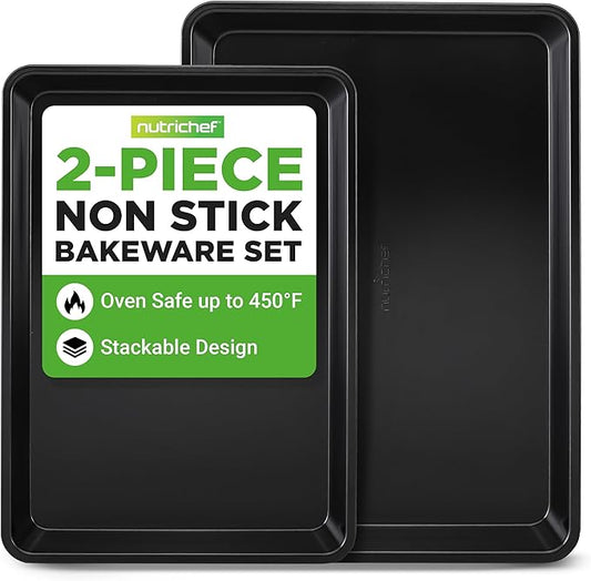 NutriChef 2-Piece Baking Sheet Non Stick - Premium Carbon Steel Cookie Sheets for Baking - Large and Medium Baking Trays for Oven - Black by NutriChef%E2%84%A2Kitchen