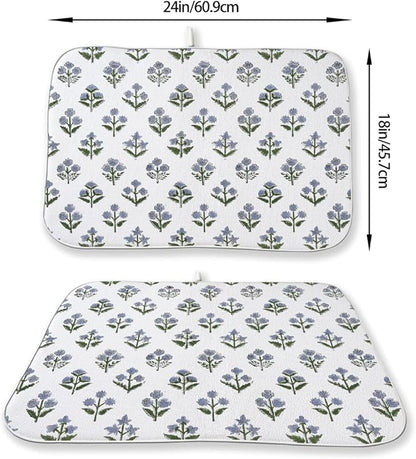Vintage Blue Sage Green Floral Dish Drying Mat 18 x 24 Inch Block Print Floral Drying Mat for Kitchen Counter Absorbent Boho Flowers Dishes Dry Pad for Drainer Rack Kitchen Fast Dry