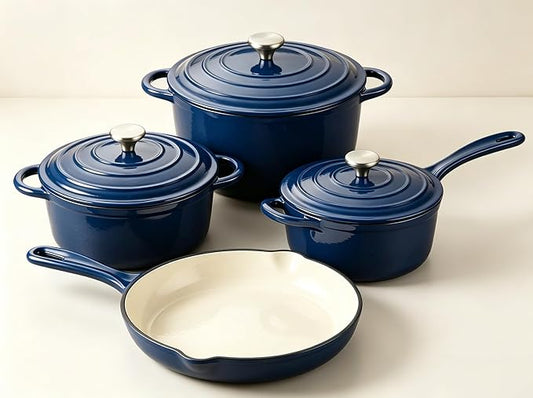 QuliMetal Enameled Cast Iron Cookware Set, 4-Piece Pots and Pans Set with Lids, 10.25" Skillet, 2QT Saucepan, 2.8QT & 4.8QT Dutch Ovens, Oven Safe to 500°F, All Stovetops Compatible - Navy Blue