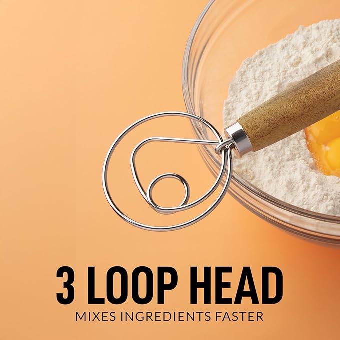 Zulay Kitchen 13-Inch Danish Dough Whisk - Stainless Steel Wooden Whisk with Dough Hook - Sourdough Whisk for Bread, Pizza, Pastry, Cake Batter & More - 2 Pack Acacia - Image 5