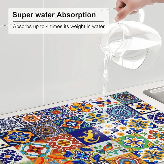 Mexican Tilt Dish Drying Mat For Kitchen Counter Absorbent Large Kitchen Fast Dry Pad Reusable Washable Protector Rack Large Mat 18 X 24