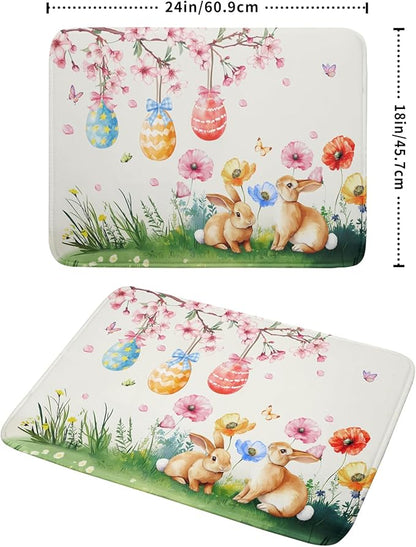 Giwawa Easter Bunny Dish Drying Mat, Spring Rabbits Eggs Hunt Dish Drainer Mats for Kitchen Countertop, Watercolor Floral Absorbent Reversible Dish Drying Pad Decor, 18x24inches, Large