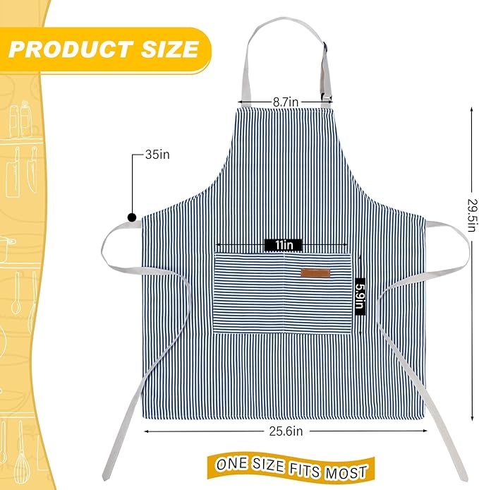 Handepo 4 Pcs Kitchen Aprons with Pockets Adjustable Waterproof Cotton Aprons Striped Apron for Women Men Chef Mother Gift - Image 2