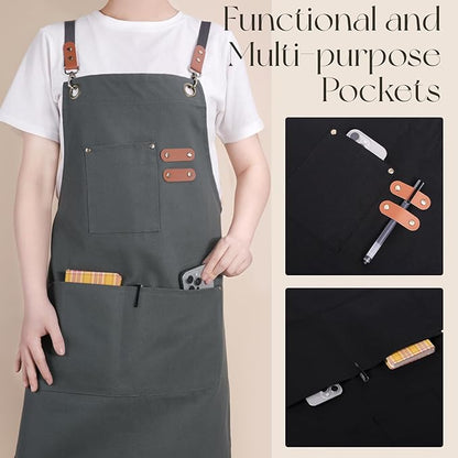 Chef Aprons for Men Women with Large Pockets, Cotton Canvas Water Repellent Kitchen Apron for Cooking