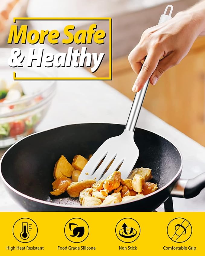 Pack of 2 Silicone Solid Turner, Non Stick Slotted Kitchen Spatulas, High Heat Resistant BPA Free Cooking Utensils, Ideal Cookware for Fish, Eggs, Pancakes(White) - Image 5