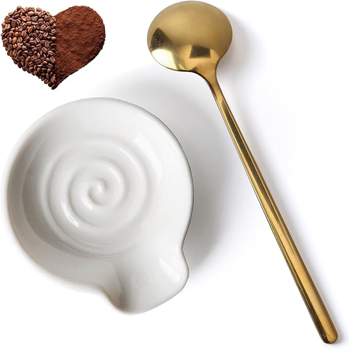 Coffee Spoon Rest for Coffe Bar Accessories, Ceramic Spoon Holder for Coffee Station, Small Spoon Rest for Kitchen Counter, Cute Coffee Bar & Corner Space Decor (Comes with Gold Coffee Spoon) by Unknown