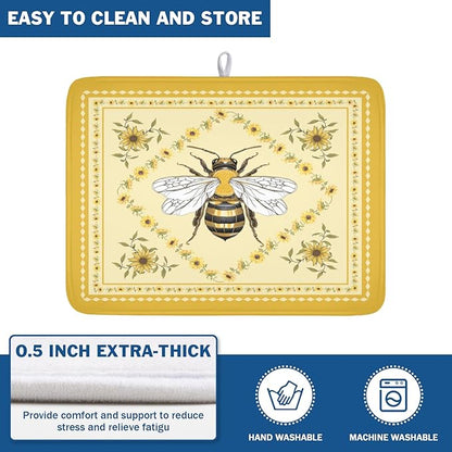 Giwawa Sunflower Bee Dish Drying Mat, Summer Rustic Sunshine Floral Dish Drainer Mats, Yellow Farmhouse Microfiber Reversible Large Dish Drying Pad Decor for Kitchen Countertop, 18x24inches
