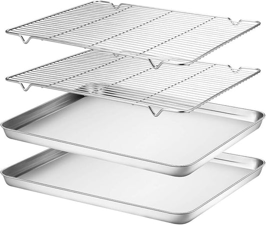 Wildone Baking Sheet & Rack Set [2 Sheets + 2 Racks], Stainless Steel Cookie Pan with Cooling Rack, Size 16 x 12 x 1 Inch, Non Toxic & Heavy Duty & Easy Clean by Wildone