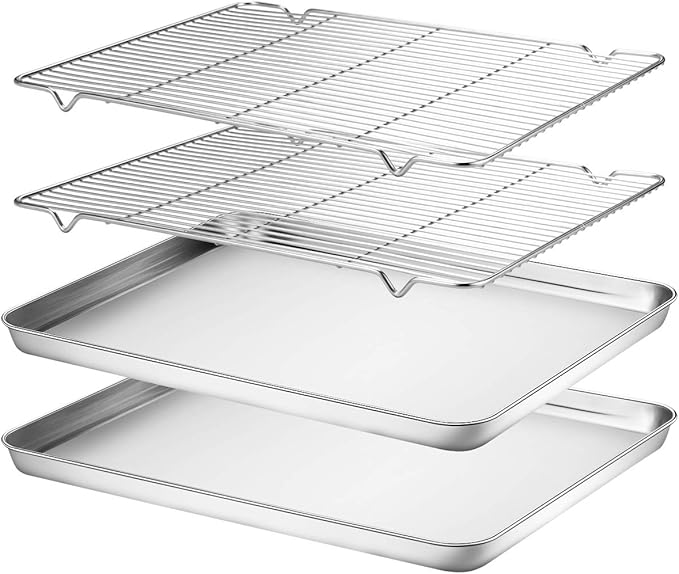 Wildone Baking Sheet & Rack Set [2 Sheets + 2 Racks], Stainless Steel Cookie Pan with Cooling Rack, Size 17.3 x 12.2 x 1 Inch, Non Toxic & Heavy Duty & Easy Clean by Wildone