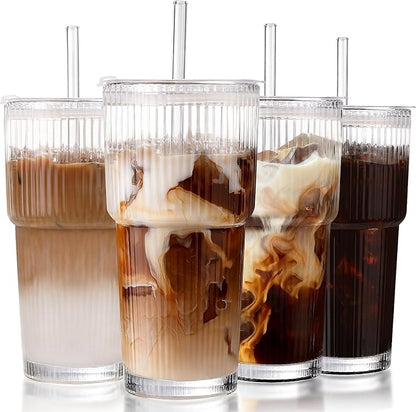 Iced Coffee Cups with Lids: Coffee Bar Accessories - Ribbed Glass Tumbler with Straw and Lid 4Pcs - 20oz Leak Proof Tumbler - Reusable Glass Cups and Tumblers with Lid and Straws for To Go Iced Coffee by DWTSDANWEITESI