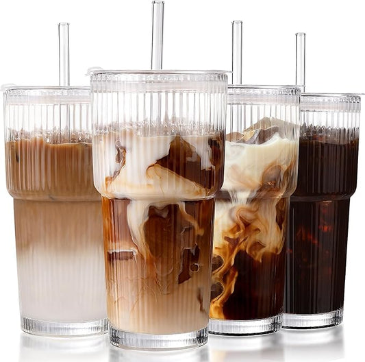 Iced Coffee Cups with Lids: Coffee Bar Accessories - Ribbed Glass Tumbler with Straw and Lid 4Pcs - 20oz Leak Proof Tumbler - Reusable Glass Cups and Tumblers with Lid and Straws for To Go Iced Coffee by DWTSDANWEITESI