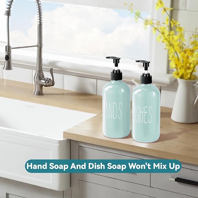 COHOSEGE Glass Soap Dispenser Set 2 Pack,16 Oz Dish Soap Dispenser for Kitchen Sink,Green Kitchen Accessories and Kitchen Decor,Green Decorations and Kitchen Utensils for Kitchen - Image 5