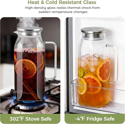 2 Pack 2 Liters 68 oz Square Glass Pitcher with Lid, Water Pitchers with Handle for Fridge, Borosilicate Glass Carafe for Hot/Cold Drink, Large Iced Tea Pitcher for Jug, Coffee, Juice, Milk, Beverage