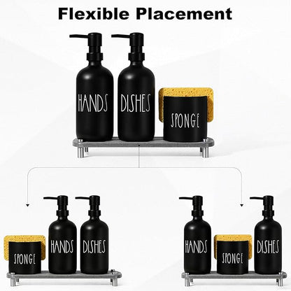 Kitchen Soap Dispenser Set, 16.9 fl oz Hand and Dish Soap Dispensers with Tray, Black Kitchen Soap Dispenser Set with Sponge Holder, Instant Dry Tray, Countertop Sink Organizer Accessories