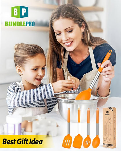 Pack of 4 Silicone Cooking Utensils Set, Non Stick Large Solid Spatulas, Heat Resistant Slotted Spoons, Ideal BPA Free Kitchen Turners for Frying, Mixing,Serving,Draining,Turning,Stirring (ORANGE) - Image 7