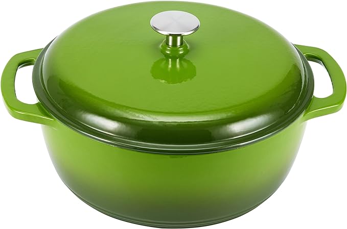 Amazon Basics Enameled Cast Iron Dutch Oven Pot with Lid, Round, Dual Handles, Heavy-Duty, Oven Safe, 6-Quart, Green by AmazonBasics