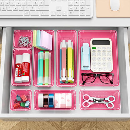 ElegantArray 12 PCS Drawer Organizer Set, 4 Sizes Tool Storage Trays, Clear Plastic Makeup Vanity Organizer and Storage Bins for Stationeries, Multiple Gadgets for Office, Bedroom, Pink - Image 7