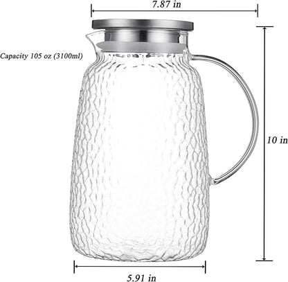Purefold 105 oz Glass Water Pitcher with Lid, Heat Resistant Borosilicate Jug for Iced Tea, Juice, Milk, Cold or Hot Beverages, Large Caliber Pitchers Easy Clean