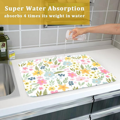 Spring Dish Drying Mat for Kitchen Counter Cute Floral Summer Holiday Microfiber Absorbent Dish Draining Reusable Washable Foldable Extra Large 18"x24" - Image 7
