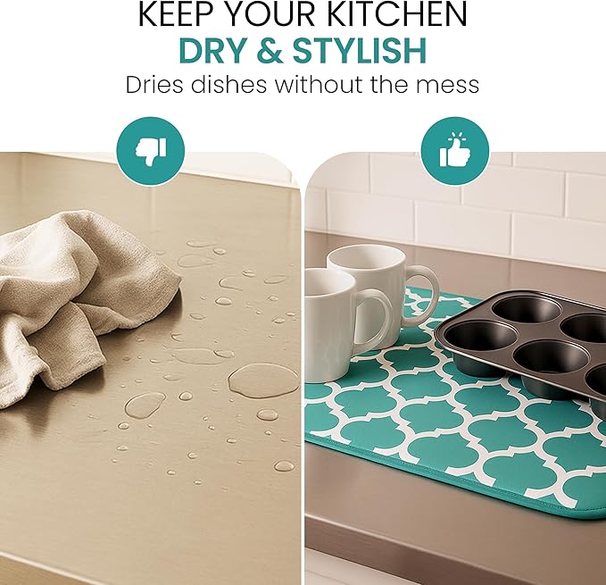 Dish Drying Mat - Microfiber Kitchen Counter Mat, Super Absorbent & Quick Dry Dish Drying Pad for Dishes, Utensils, Pots & Pans - Large Reversible Drying Mat for Kitchen Countertops, Coffee Bar, Green - Image 7