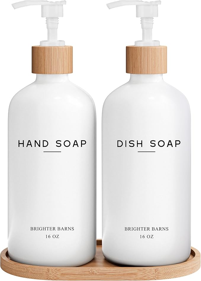 White Glass Hand and Dish Soap Dispenser Set by Brighter Barns - Kitchen Soap Dispenser Set with Tray - Glass Bottles for Kitchen Sink - Housewarming Gift, Countertop Decor, Boho Home Decor (White) by BrighterBarns