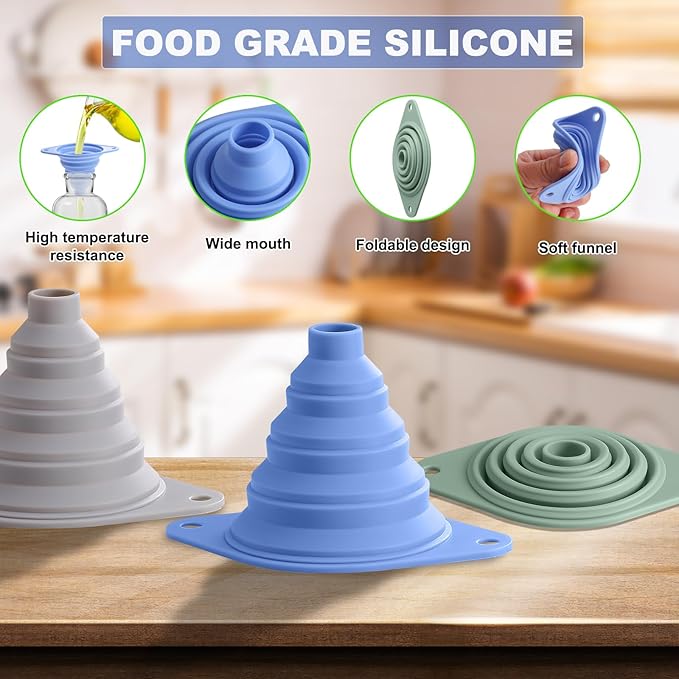 Kitchen Funnel Set 3 Pack, Collapsible Silicone Funnel for Kitchen Use Filling Bottles Liquid Food Transfer - Image 3