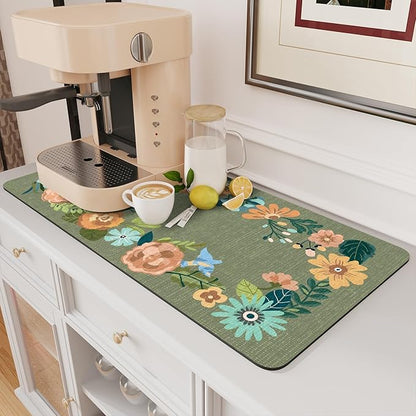 AMOAMI Coffee Mat Hide Stain Rubber Backed Absorbent Dish Drying Mat for Kitchen Counter - Fits Under Coffee Maker or Machine - Floral GREEN 17x31.5 by AMOAMI