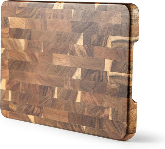 James.F End Grain Cutting Boards, Wooden Cutting Board for Kitchen with Side Handles, Acacia Wood Butcher Block Chopping Board for Meat Bread (13"x9"x1")
