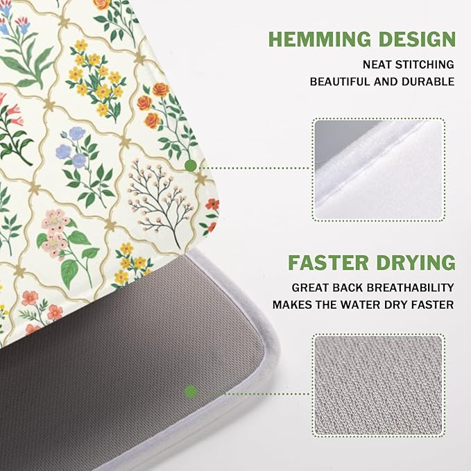 Floral Dish Drying Mat for Kitchen Counter Spring Summer Wild Flowers Diamond Pattern Microfiber Dish Drainer Mat Rustic Absorbent Washable Drying Pad 16"x18"
