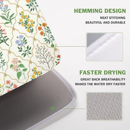 Floral Dish Drying Mat for Kitchen Counter Spring Summer Wild Flowers Diamond Pattern Microfiber Dish Drainer Mat Rustic Absorbent Washable Drying Pad 16"x18"