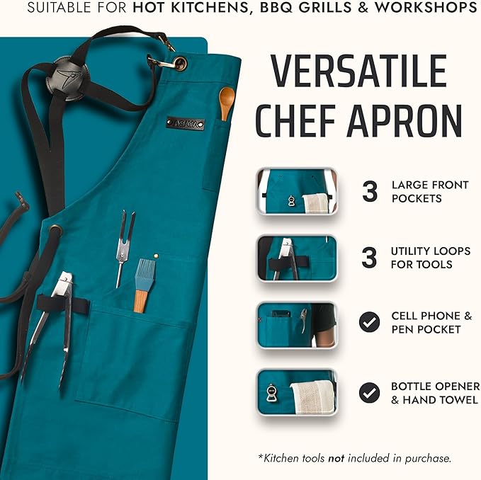 Asaya Chef and BBQ Apron with Bottle Opener and Hand Towel - 10oz Cotton Canvas, Stainless Steel Hardware - Cross Back Straps - Image 2