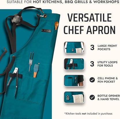 Asaya Chef and BBQ Apron with Bottle Opener and Hand Towel - 10oz Cotton Canvas, Stainless Steel Hardware - Cross Back Straps - Image 2