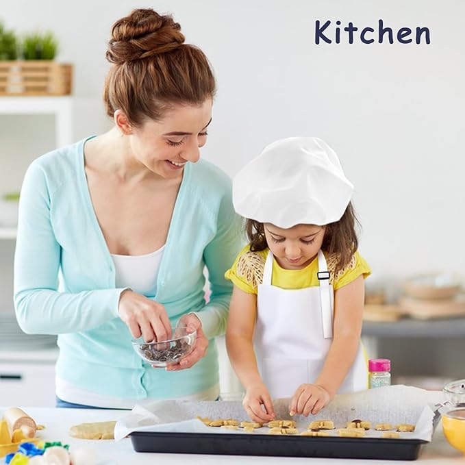 Kids Apron and Chef Hat Set, 24 Pieces Boys Girls Kids Apron with 2 Pockets Adjustable for Cooking Classroom Baking Painting, 6-13 Years, White