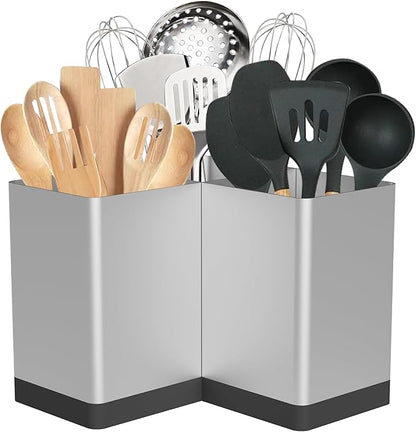 Suli Utensil holder,Kitchen Utensil Organizer for Corner Countertop,Extra Large Silverware Organizer with 3 Compartments,Farmhouse Decor,Iron,Silvery by Suli