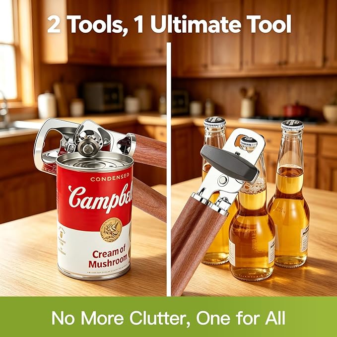 KULUNER Manual Can Opener with Solid Rosewood Handle, Large Easy-Turn Knob, Sharp Stainless Steel Blade, Handheld Design for Arthritis & Seniors - Also Opens Bottles (Rosewood Finish)