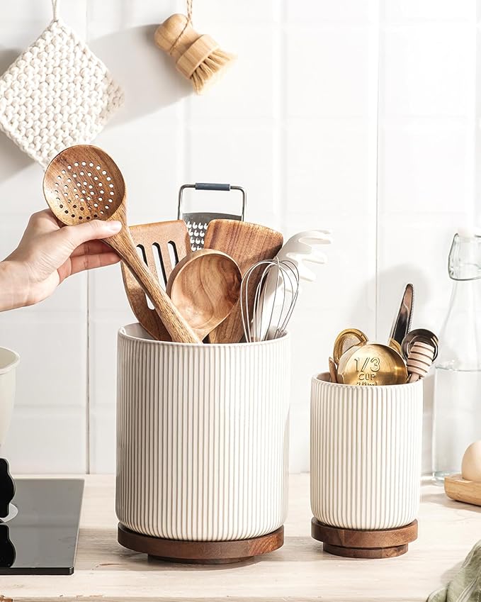 getstar Large Rotating Utensil Holder for Kitchen Counter,7.9"+6" Ceramic Utensils Crocks Set for Countertop Large & Small Utensil Organizer for Spatula Farmhouse Kitchen Decor - Image 6