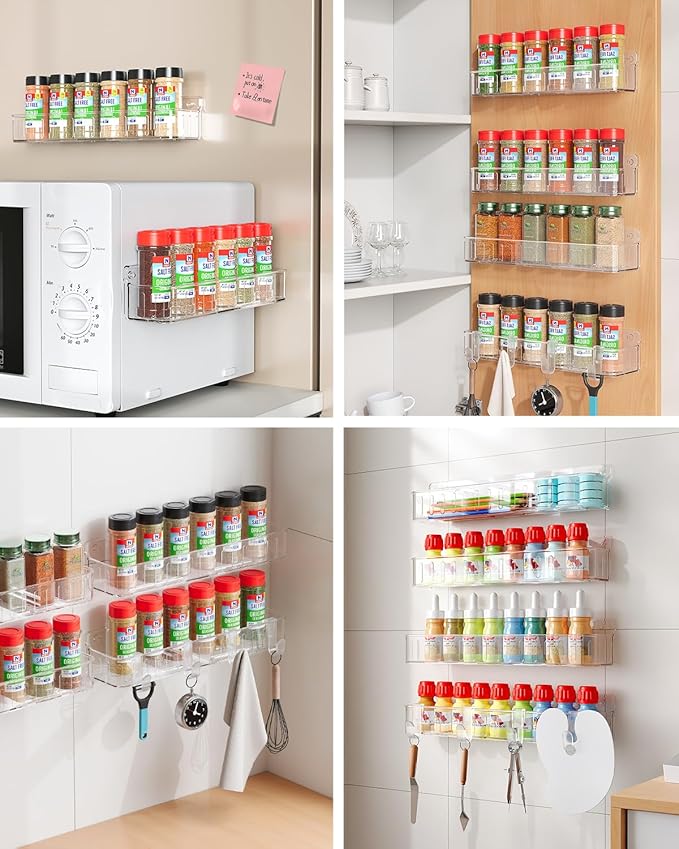 Nieifi Spice Rack Wall Mount, 4 Pack, Clear, Screw or Adhesive Installation, Spice Rack Organizer for Your Kitchen Cabinet or Pantry Door - Image 8