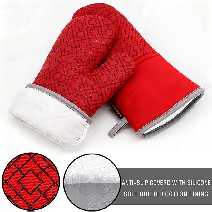 Oven Mitts and Pot Holders Sets 6pcs, Kitchen Oven Glove,High Heat Resistant 550 Degree Extra Long Oven Mitts and Potholders with Non-Slip Silicone Surface for Home Essentials (Grey) (Coral Red) - Image 3