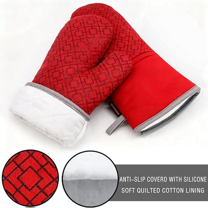 Oven Mitts and Pot Holders Sets 6pcs, Kitchen Oven Glove,High Heat Resistant 550 Degree Extra Long Oven Mitts and Potholders with Non-Slip Silicone Surface for Home Essentials (Grey) (Coral Red) - Image 3