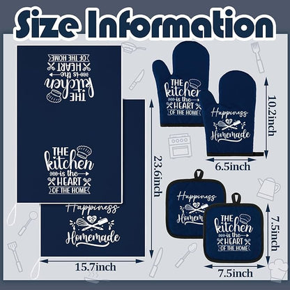 Sratte 6 Pcs Kitchen Decor Accessories Set Farmhouse Towels Pot Holders Oven Mitts Set 2 Dish Towels 2 Potholders 2 Cooking Mittens Oven Glove for Christmas Baking Cooking Supply(Blue,Kitchen) - Image 4