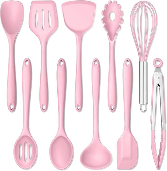 E-far Pink Silicone Cooking Utensils Set, 10-Piece Kitchen Utensil Set for Nonstick Cookware, Silicone Kitchen Tools with Spatula Turner Spoon Tongs Whisk, Heat Resistant & Non-Toxic, Dishwasher Safe by E-far